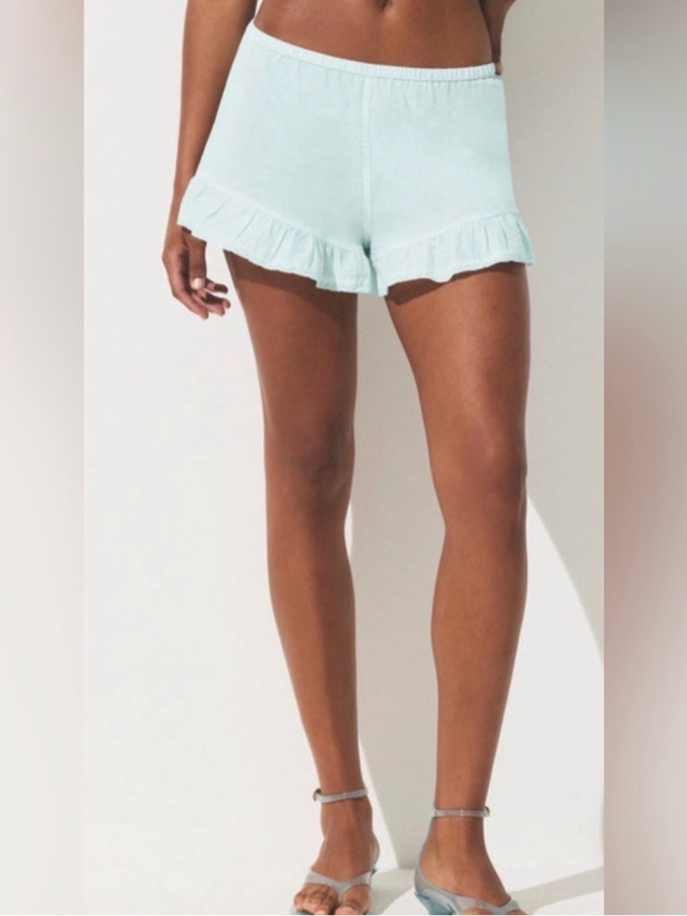 SKIMS Cotton Voile Ruffle Lounge Shorts | Frost Icy Blue | Size S | NWT
